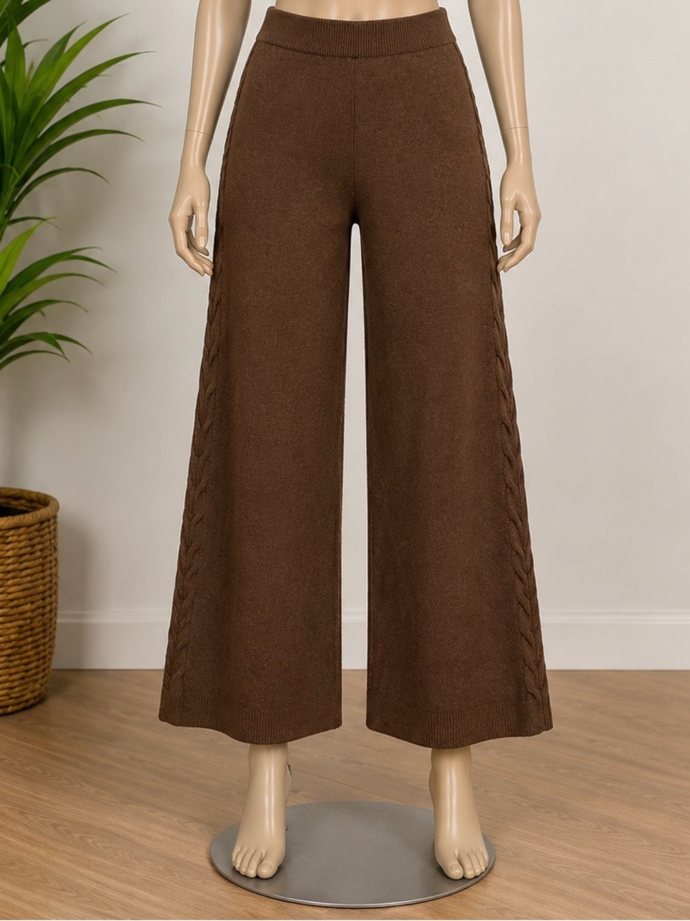 Auden Chocolate Brown Wide-Leg Cable Side Knit Pants